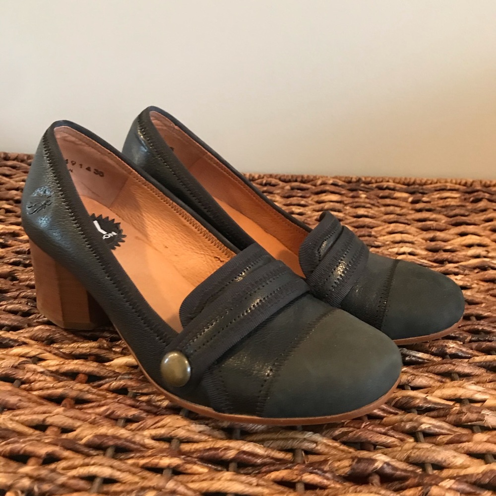 Fly London Black Leather with Wooden Heel